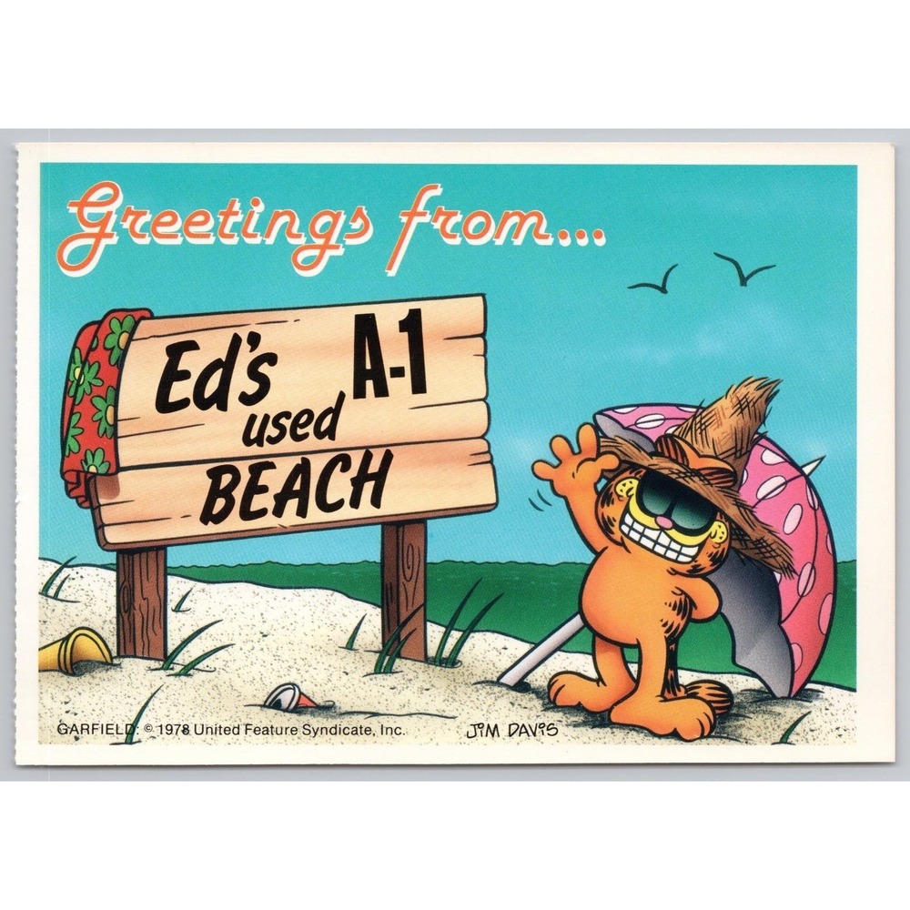 Vintage‎ Garfield the Cat Postcard - Jim Davis 1978 - "Ed's A-1 Used Beach" B1